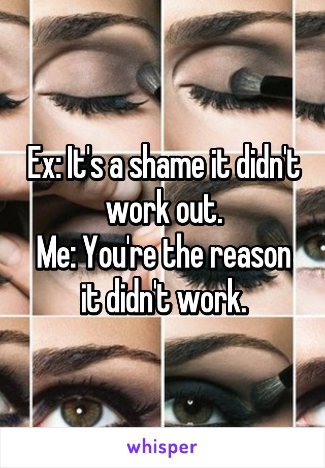 Ex: It's a shame it didn't work out.
Me: You're the reason it didn't work.