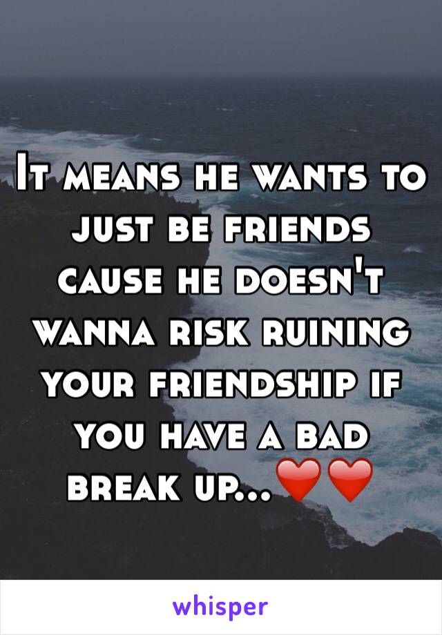 It means he wants to just be friends cause he doesn't wanna risk ruining your friendship if you have a bad break up...❤️❤️