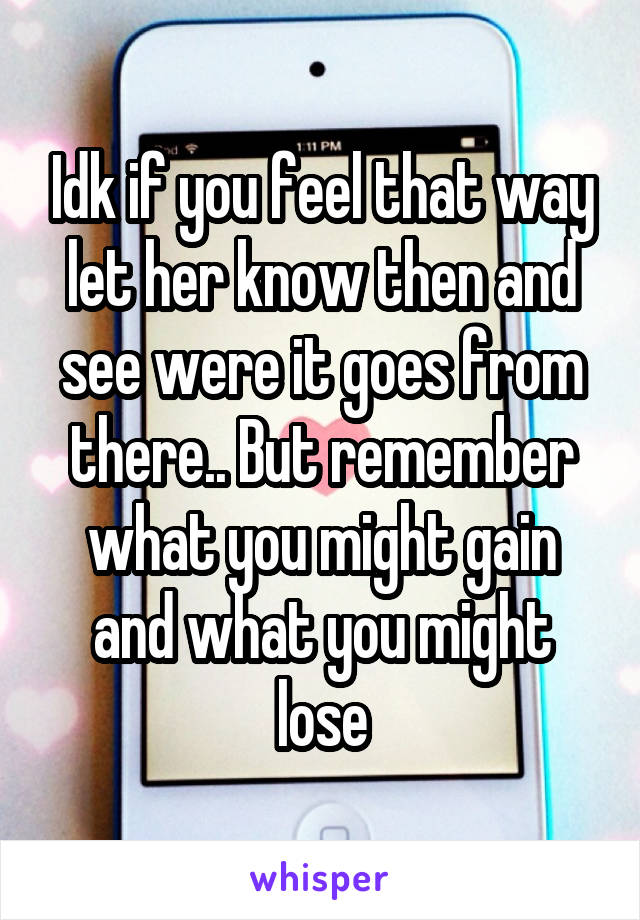 Idk if you feel that way let her know then and see were it goes from there.. But remember what you might gain and what you might lose