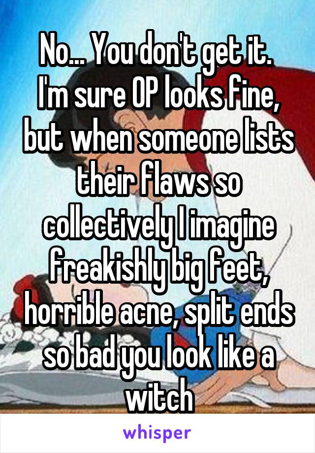 No... You don't get it. 
I'm sure OP looks fine, but when someone lists their flaws so collectively I imagine freakishly big feet, horrible acne, split ends so bad you look like a witch