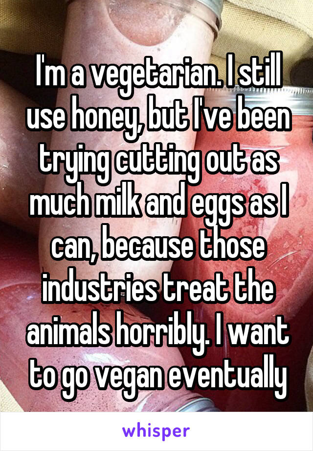 I'm a vegetarian. I still use honey, but I've been trying cutting out as much milk and eggs as I can, because those industries treat the animals horribly. I want to go vegan eventually