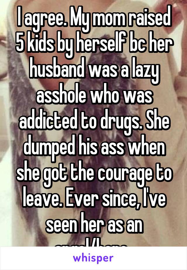 I agree. My mom raised 5 kids by herself bc her husband was a lazy asshole who was addicted to drugs. She dumped his ass when she got the courage to leave. Ever since, I've seen her as an angel/hero. 