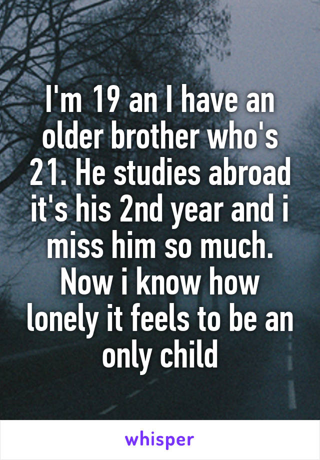 I'm 19 an I have an older brother who's 21. He studies abroad it's his 2nd year and i miss him so much. Now i know how lonely it feels to be an only child