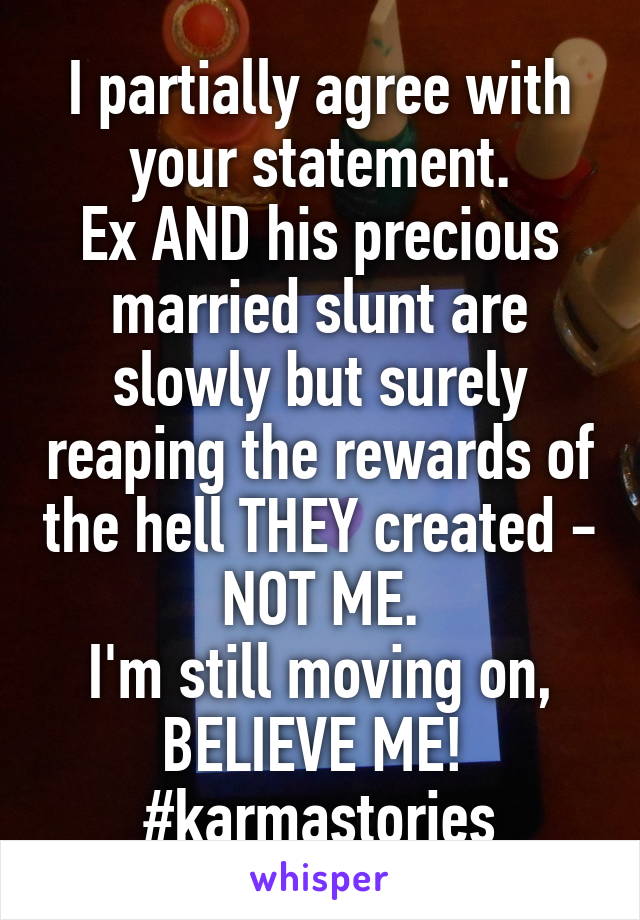 I partially agree with your statement.
Ex AND his precious married slunt are slowly but surely reaping the rewards of the hell THEY created - NOT ME.
I'm still moving on, BELIEVE ME! 
#karmastories