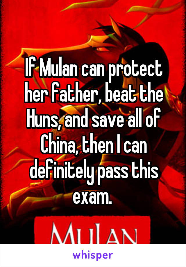 If Mulan can protect her father, beat the Huns, and save all of China, then I can definitely pass this exam. 
