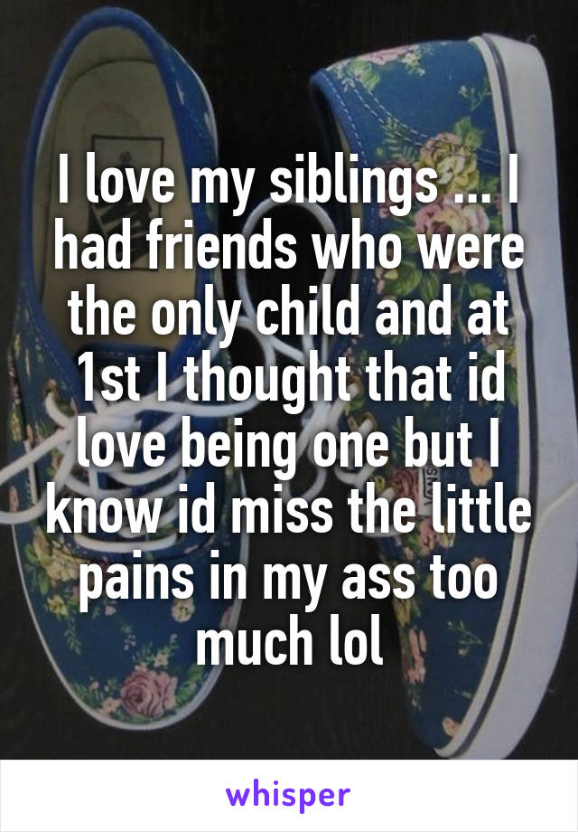 I love my siblings ... I had friends who were the only child and at 1st I thought that id love being one but I know id miss the little pains in my ass too much lol