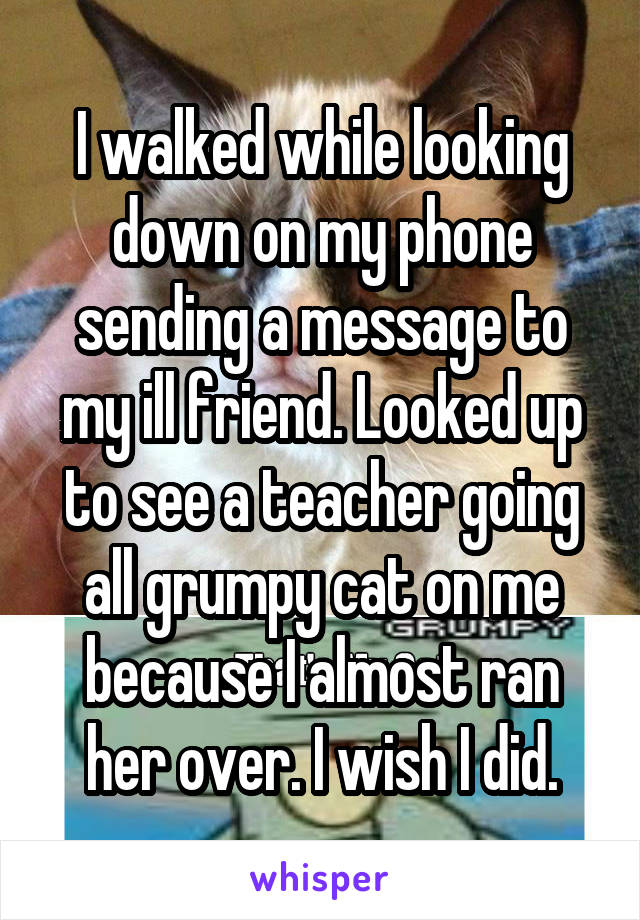I walked while looking down on my phone sending a message to my ill friend. Looked up to see a teacher going all grumpy cat on me because I almost ran her over. I wish I did.