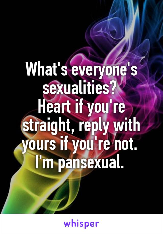 What's everyone's sexualities? 
Heart if you're straight, reply with yours if you're not. 
I'm pansexual. 