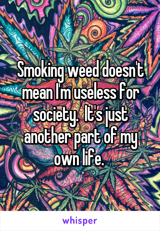 Smoking weed doesn't mean I'm useless for society.  It's just another part of my own life. 