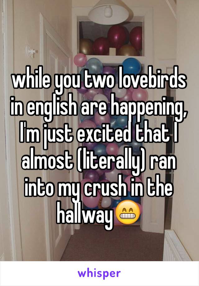 while you two lovebirds in english are happening, I'm just excited that I almost (literally) ran into my crush in the hallway😁