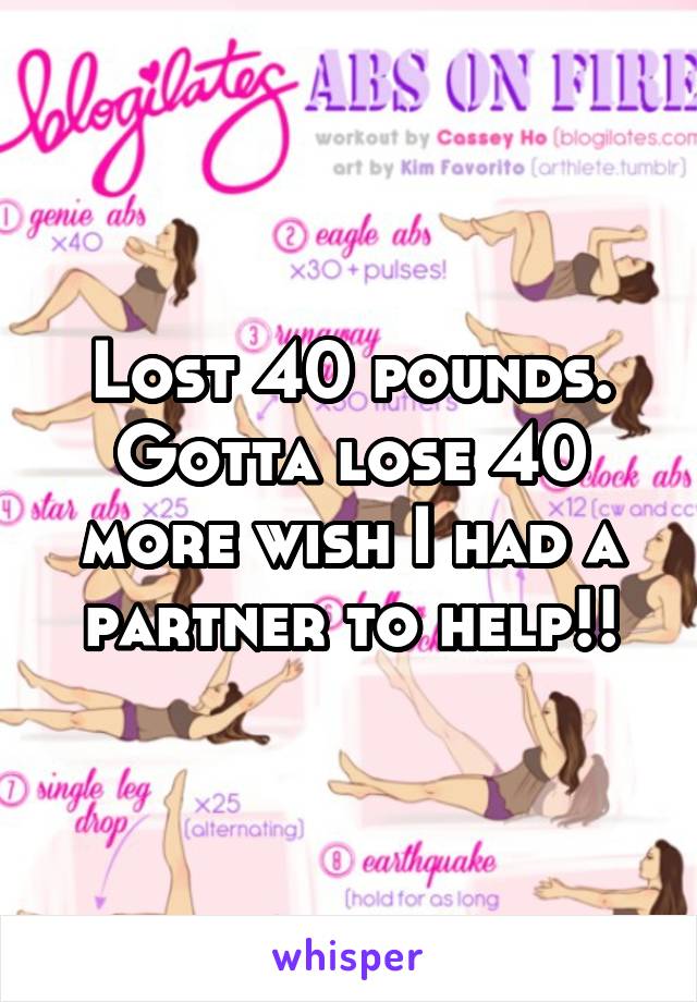 Lost 40 pounds. Gotta lose 40 more wish I had a partner to help!!