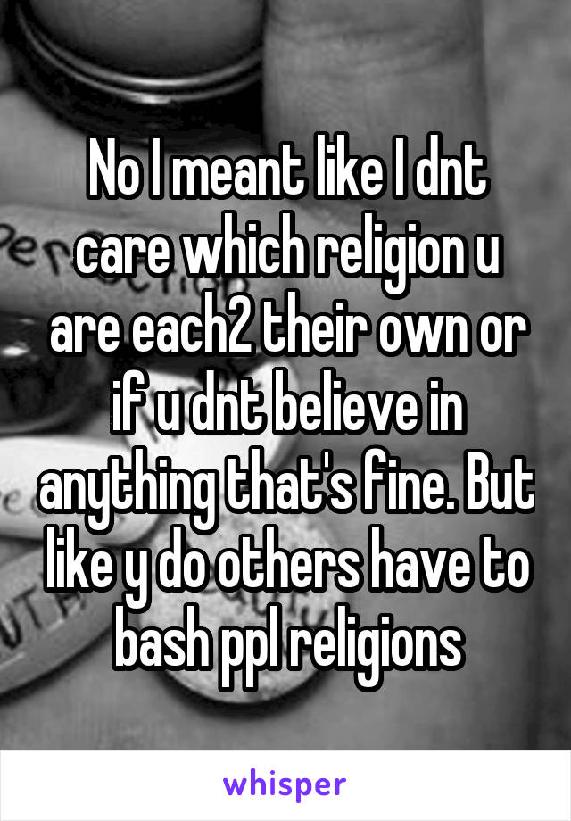 No I meant like I dnt care which religion u are each2 their own or if u dnt believe in anything that's fine. But like y do others have to bash ppl religions