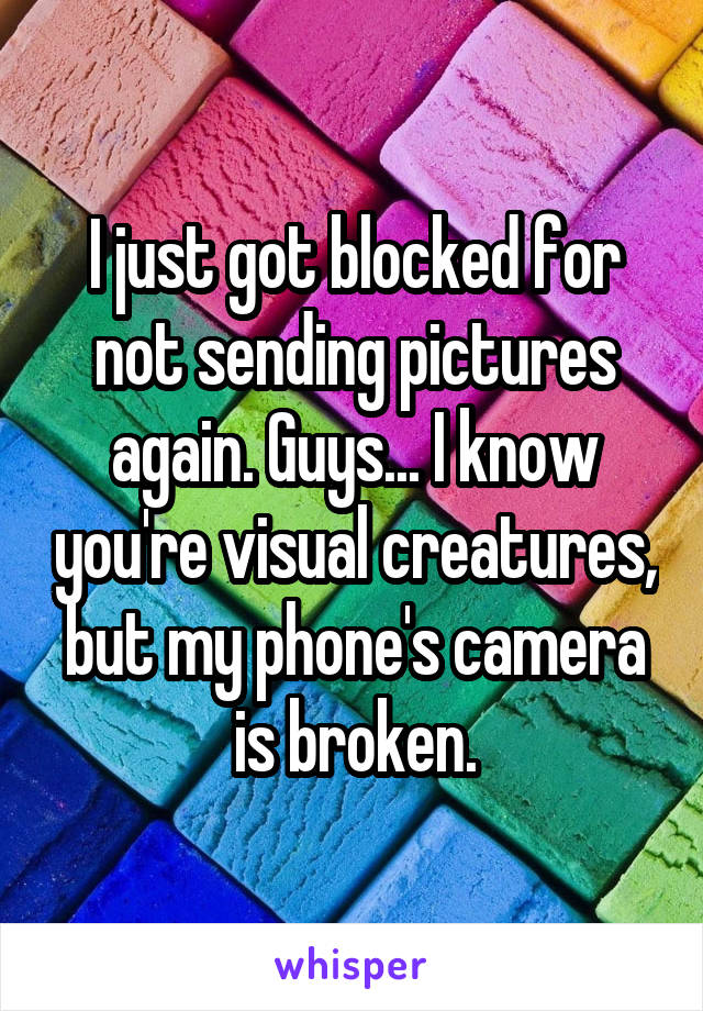 I just got blocked for not sending pictures again. Guys... I know you're visual creatures, but my phone's camera is broken.
