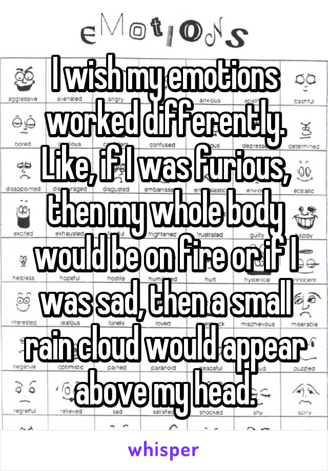 I wish my emotions worked differently. Like, if I was furious, then my whole body would be on fire or if I was sad, then a small rain cloud would appear above my head.