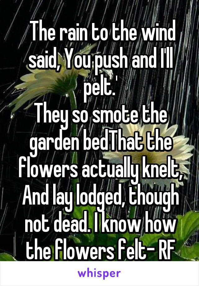  The rain to the wind said, You push and I'll pelt.'
They so smote the garden bedThat the flowers actually knelt,
And lay lodged, though not dead. I know how the flowers felt- RF