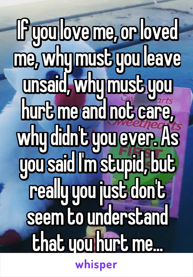 If you love me, or loved me, why must you leave unsaid, why must you hurt me and not care, why didn't you ever. As you said I'm stupid, but really you just don't seem to understand that you hurt me...