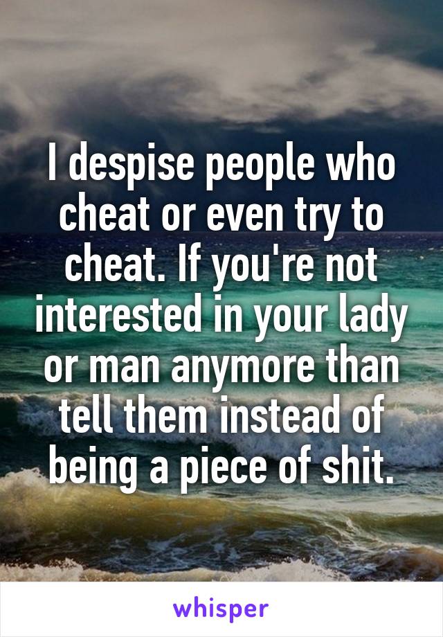 I despise people who cheat or even try to cheat. If you're not interested in your lady or man anymore than tell them instead of being a piece of shit.