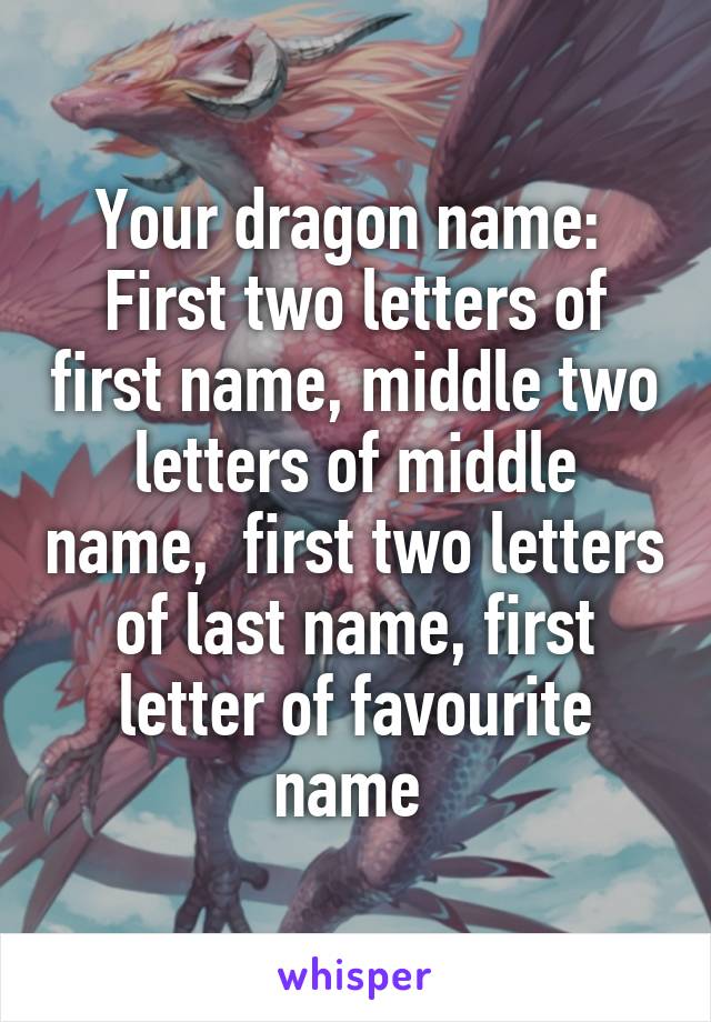 Your dragon name: 
First two letters of first name, middle two letters of middle name,  first two letters of last name, first letter of favourite name 