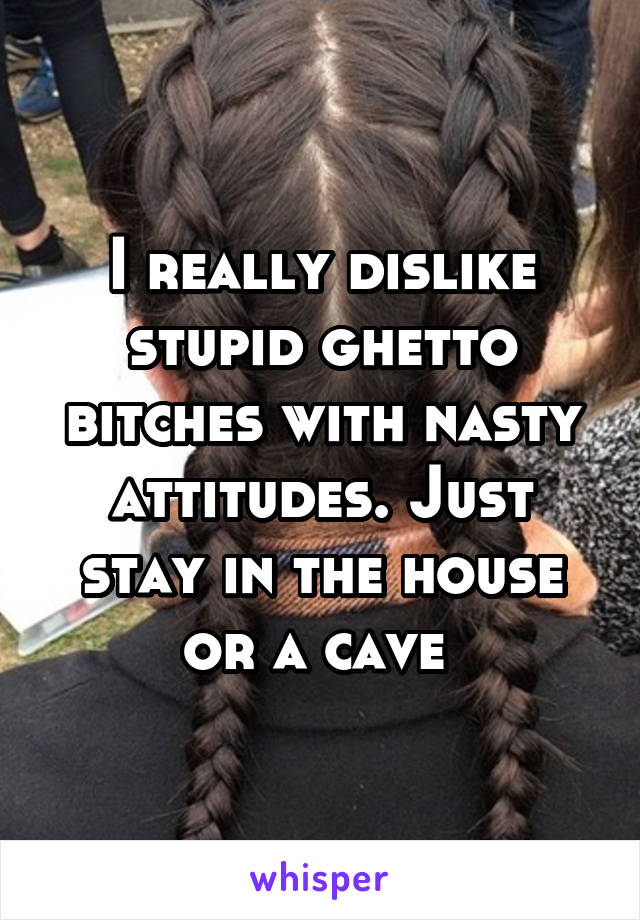 I really dislike stupid ghetto bitches with nasty attitudes. Just stay in the house or a cave 