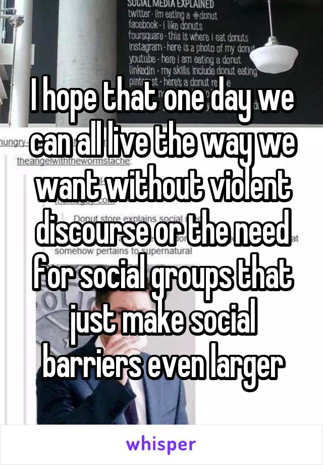 I hope that one day we can all live the way we want without violent discourse or the need for social groups that just make social barriers even larger