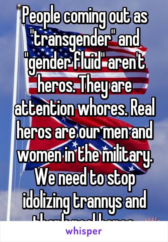 People coming out as "transgender" and "gender fluid" aren't heros. They are attention whores. Real heros are our men and women in the military. We need to stop idolizing trannys and thank real heros.