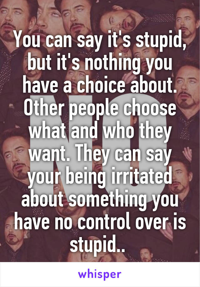 You can say it's stupid, but it's nothing you have a choice about. Other people choose what and who they want. They can say your being irritated about something you have no control over is stupid.. 