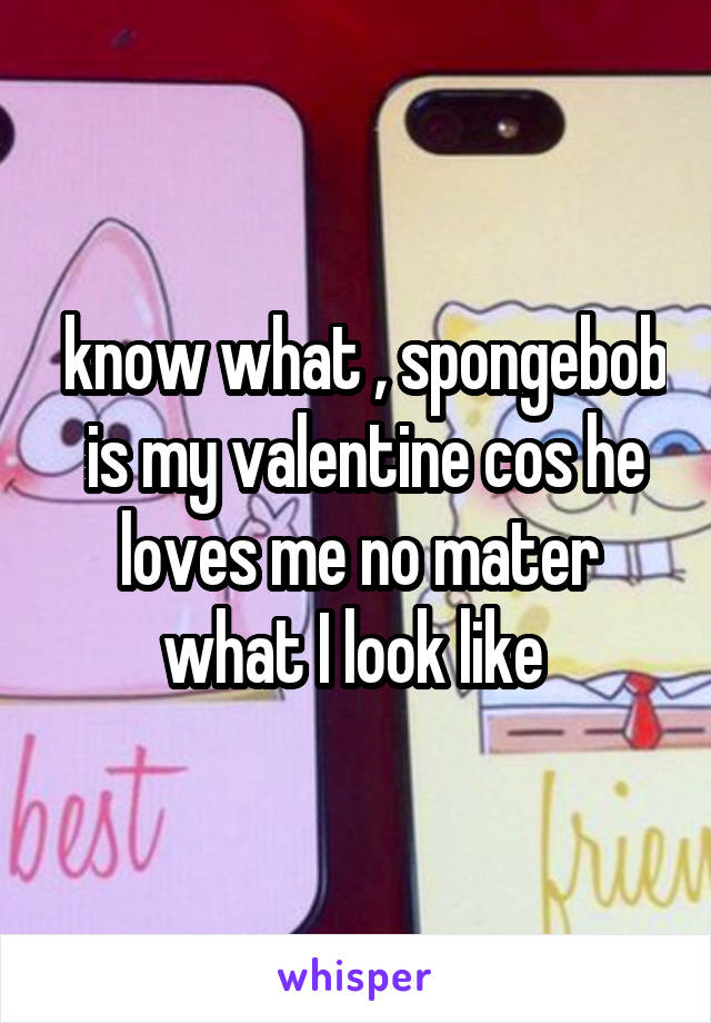  know what , spongebob  is my valentine cos he loves me no mater what I look like 