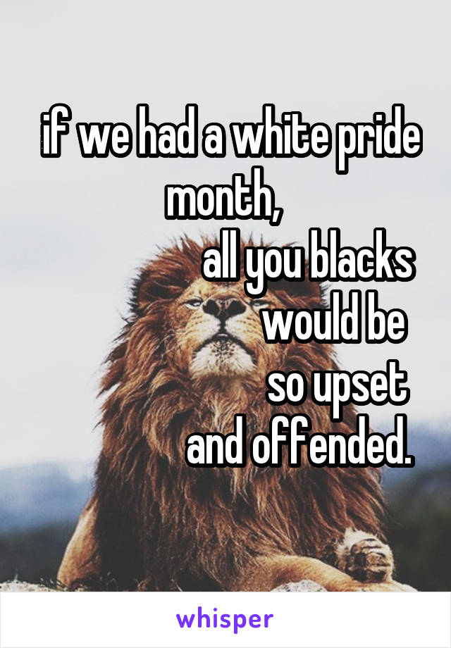  if we had a white pride month, 
                   all you blacks
                         would be
                          so upset
                 and offended. 