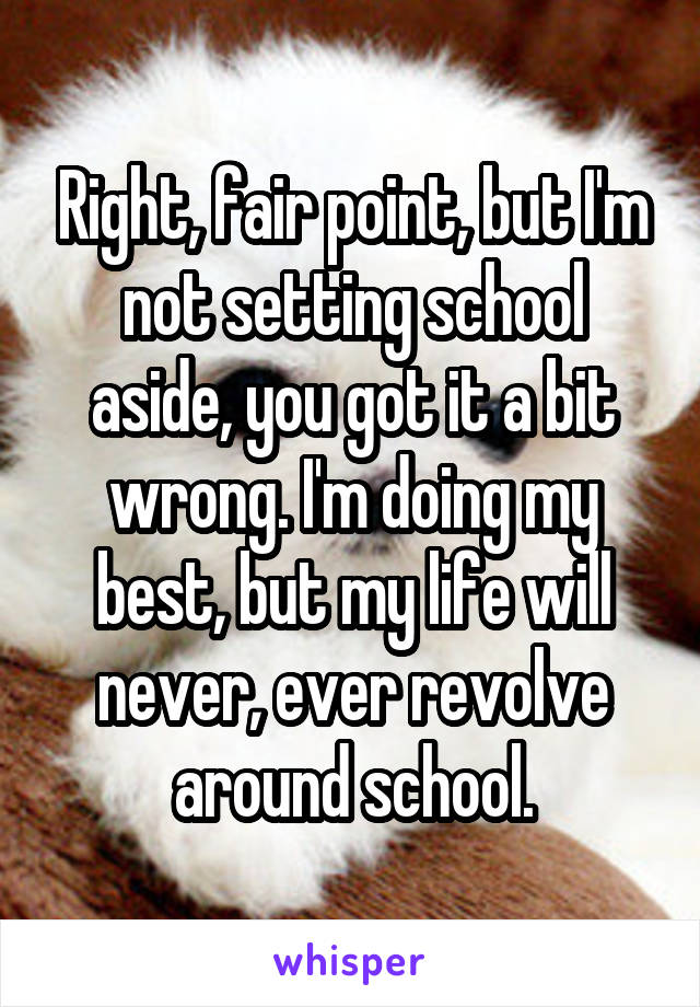 Right, fair point, but I'm not setting school aside, you got it a bit wrong. I'm doing my best, but my life will never, ever revolve around school.
