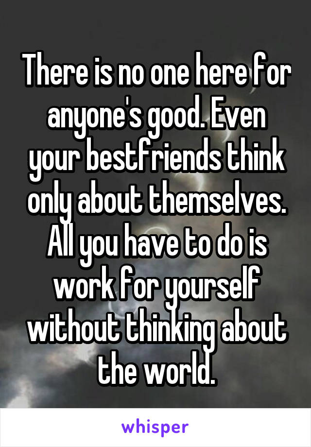 There is no one here for anyone's good. Even your bestfriends think only about themselves. All you have to do is work for yourself without thinking about the world.