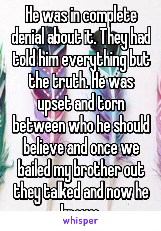 He was in complete denial about it. They had told him everything but the truth. He was upset and torn between who he should believe and once we bailed my brother out they talked and now he knows.