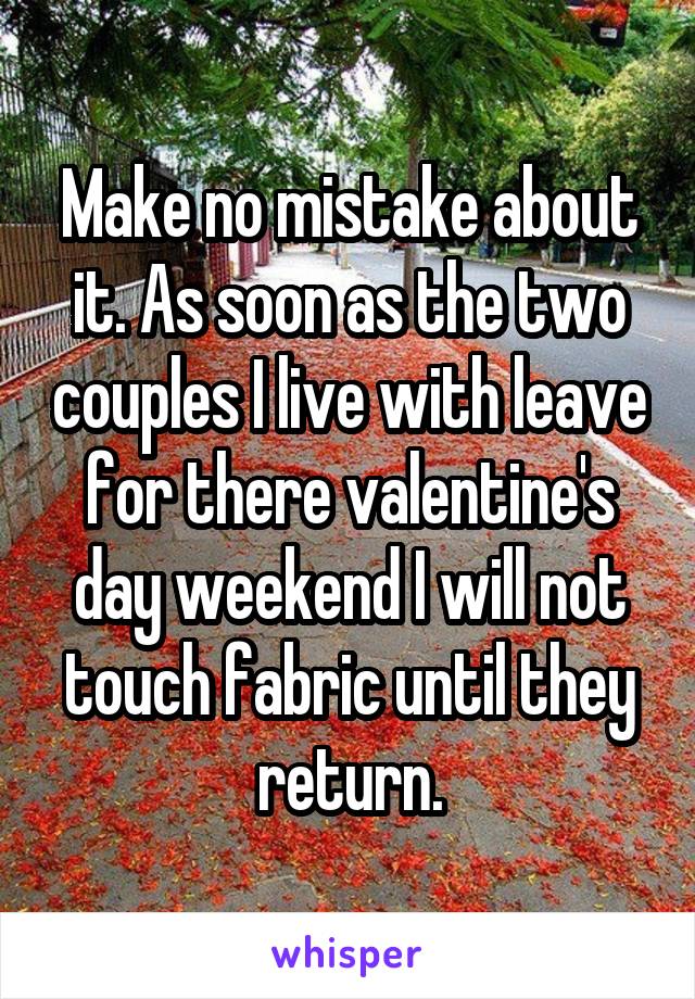 Make no mistake about it. As soon as the two couples I live with leave for there valentine's day weekend I will not touch fabric until they return.
