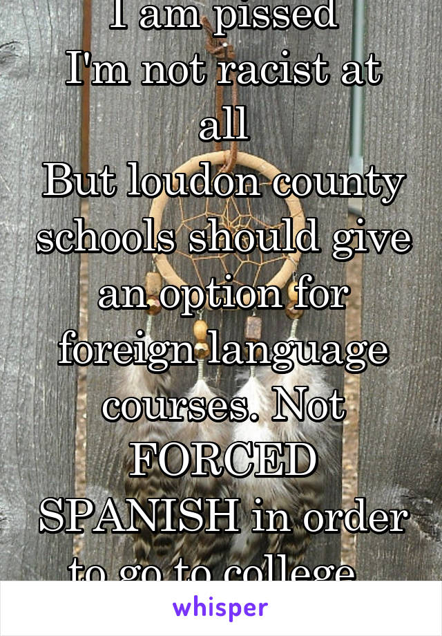 I am pissed
I'm not racist at all
But loudon county schools should give an option for foreign language courses. Not FORCED SPANISH in order to go to college. 
Fuck that!!!