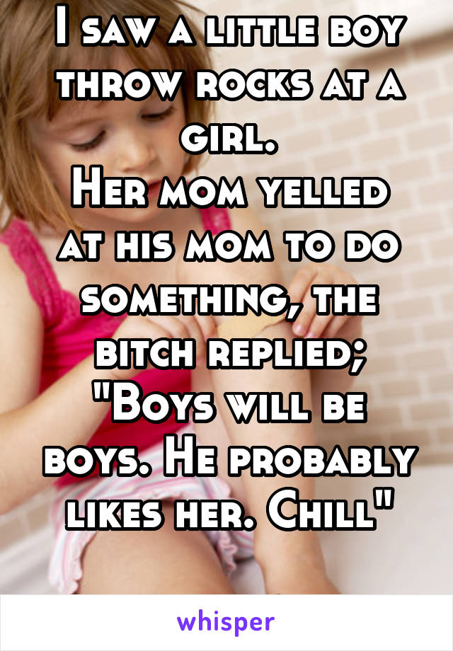 I saw a little boy throw rocks at a girl.
Her mom yelled at his mom to do something, the bitch replied;
"Boys will be boys. He probably likes her. Chill"

WTF?