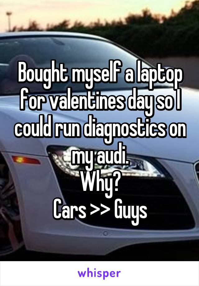 Bought myself a laptop for valentines day so I could run diagnostics on my audi.
Why?
Cars >> Guys