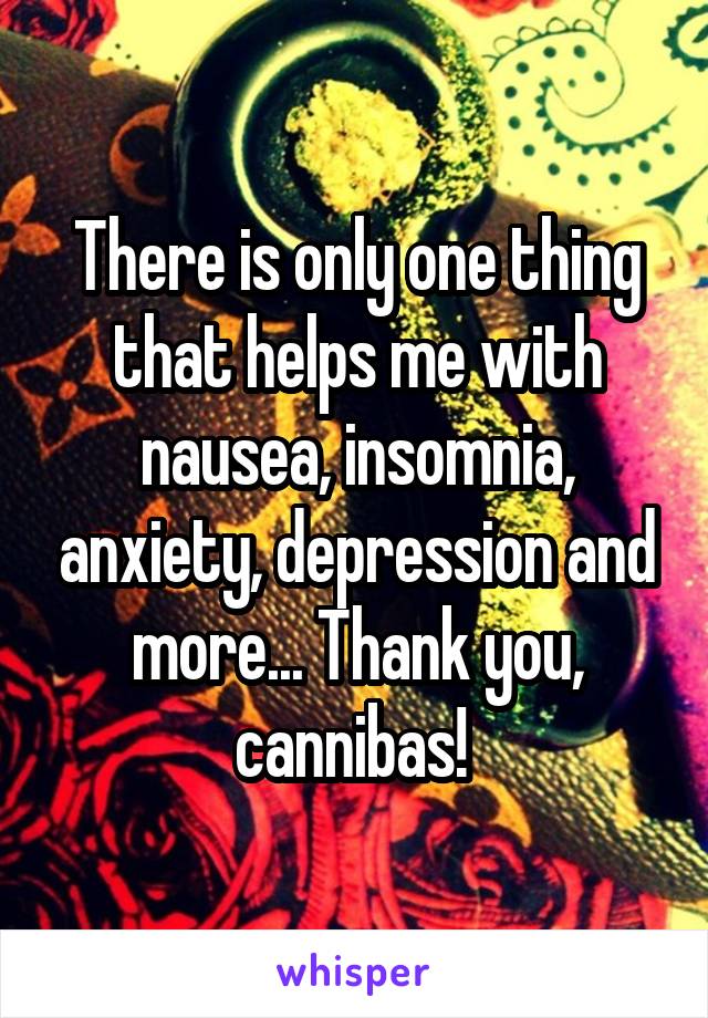 There is only one thing that helps me with nausea, insomnia, anxiety, depression and more... Thank you, cannibas! 