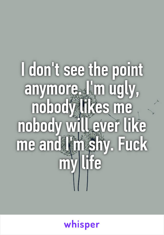 I don't see the point anymore. I'm ugly, nobody likes me nobody will ever like me and I'm shy. Fuck my life 