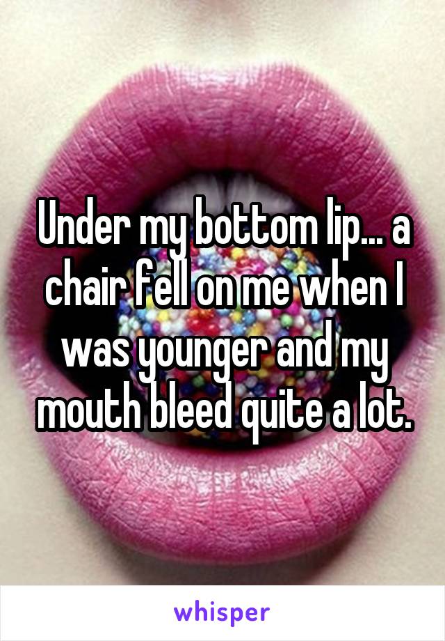 Under my bottom lip... a chair fell on me when I was younger and my mouth bleed quite a lot.