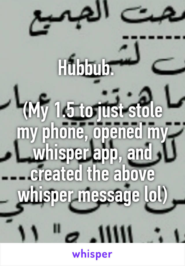 Hubbub.   

(My 1.5 to just stole my phone, opened my whisper app, and created the above whisper message lol)