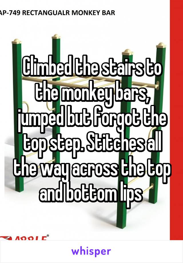 Climbed the stairs to the monkey bars, jumped but forgot the top step. Stitches all the way across the top and bottom lips 