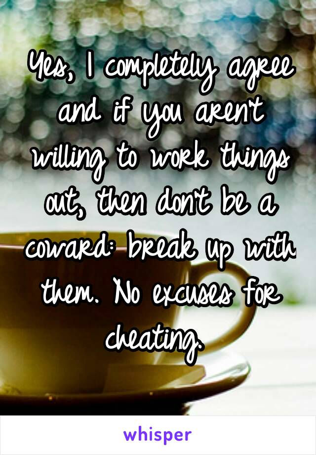 Yes, I completely agree and if you aren't willing to work things out, then don't be a coward: break up with them. No excuses for cheating. 
