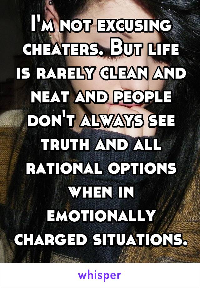I'm not excusing cheaters. But life is rarely clean and neat and people don't always see truth and all rational options when in emotionally charged situations. 