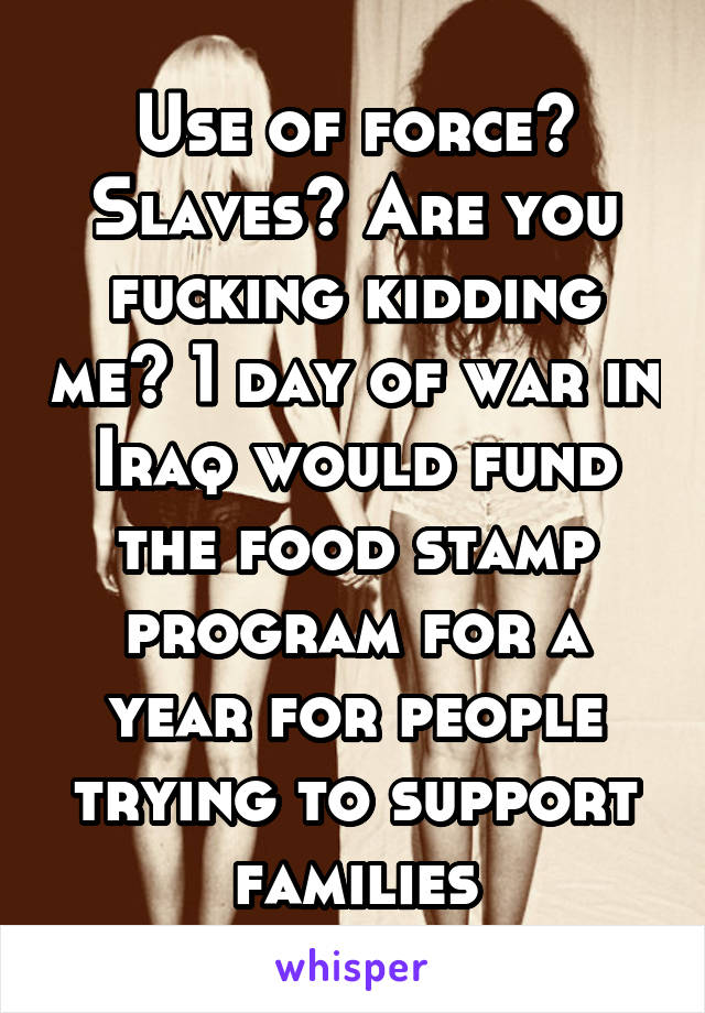 Use of force?
Slaves? Are you fucking kidding me? 1 day of war in Iraq would fund the food stamp program for a year for people trying to support families