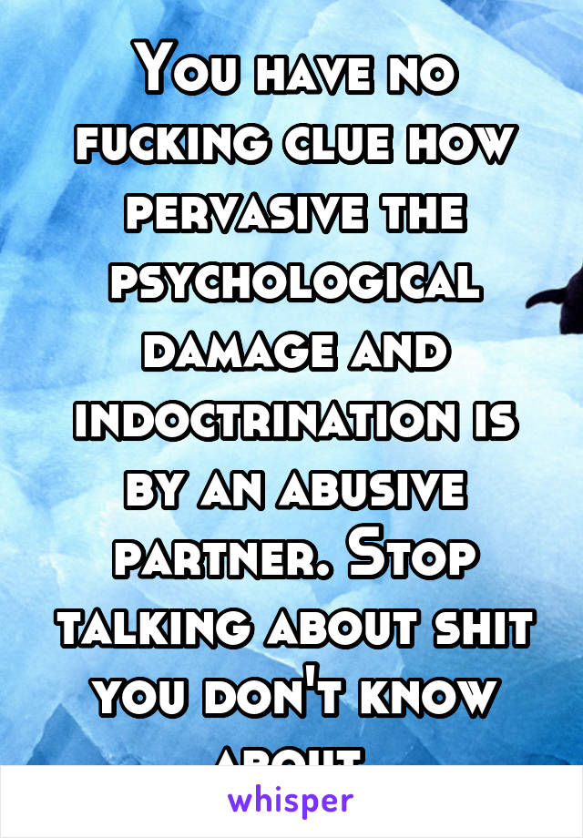 You have no fucking clue how pervasive the psychological damage and indoctrination is by an abusive partner. Stop talking about shit you don't know about.