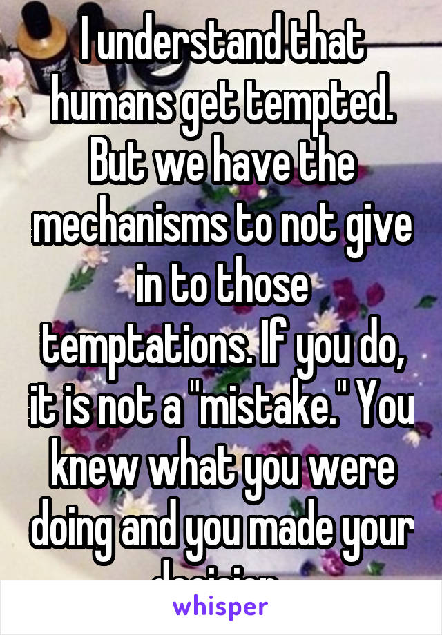 I understand that humans get tempted. But we have the mechanisms to not give in to those temptations. If you do, it is not a "mistake." You knew what you were doing and you made your decision. 
