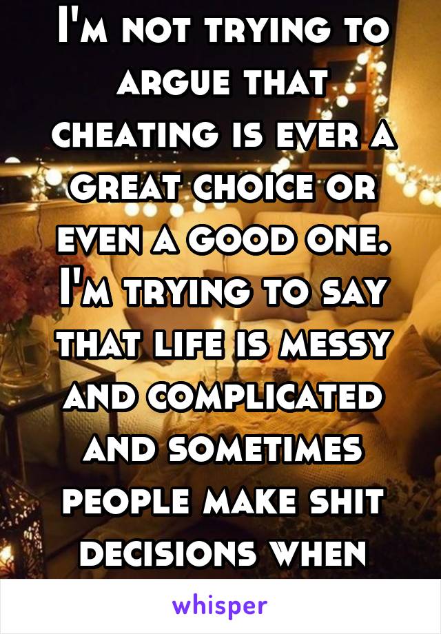 I'm not trying to argue that cheating is ever a great choice or even a good one. I'm trying to say that life is messy and complicated and sometimes people make shit decisions when they're emotional.