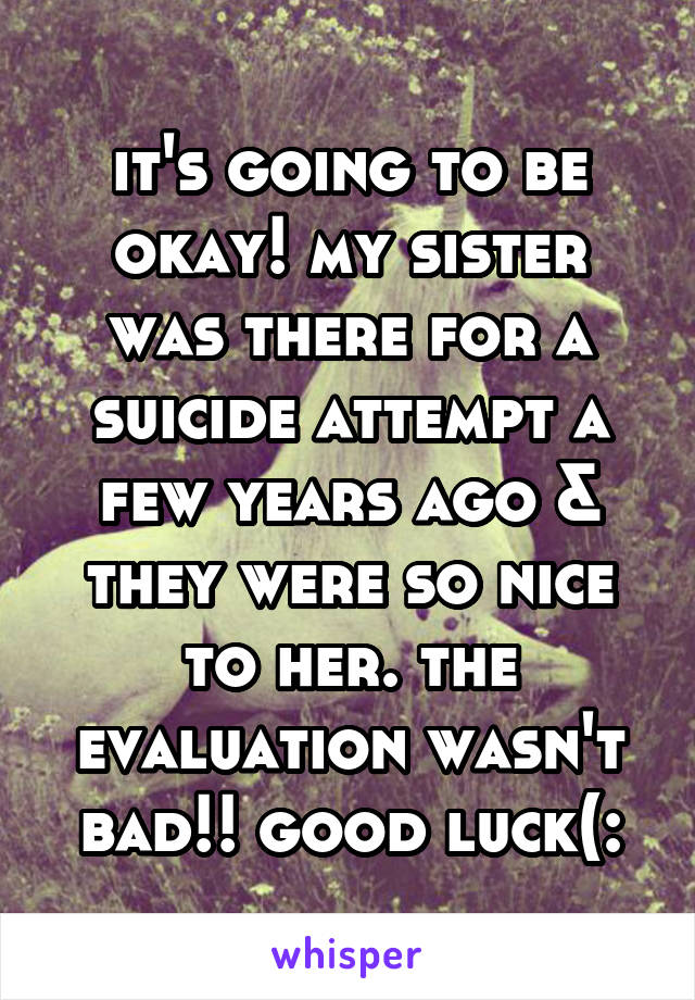 it's going to be okay! my sister was there for a suicide attempt a few years ago & they were so nice to her. the evaluation wasn't bad!! good luck(: