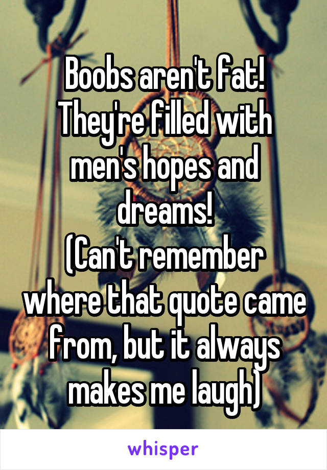 Boobs aren't fat! They're filled with men's hopes and dreams!
(Can't remember where that quote came from, but it always makes me laugh)