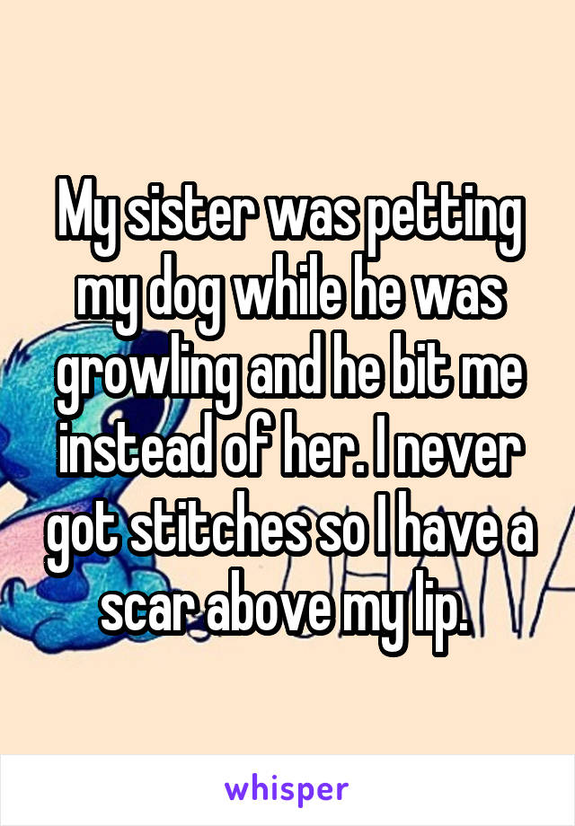 My sister was petting my dog while he was growling and he bit me instead of her. I never got stitches so I have a scar above my lip. 