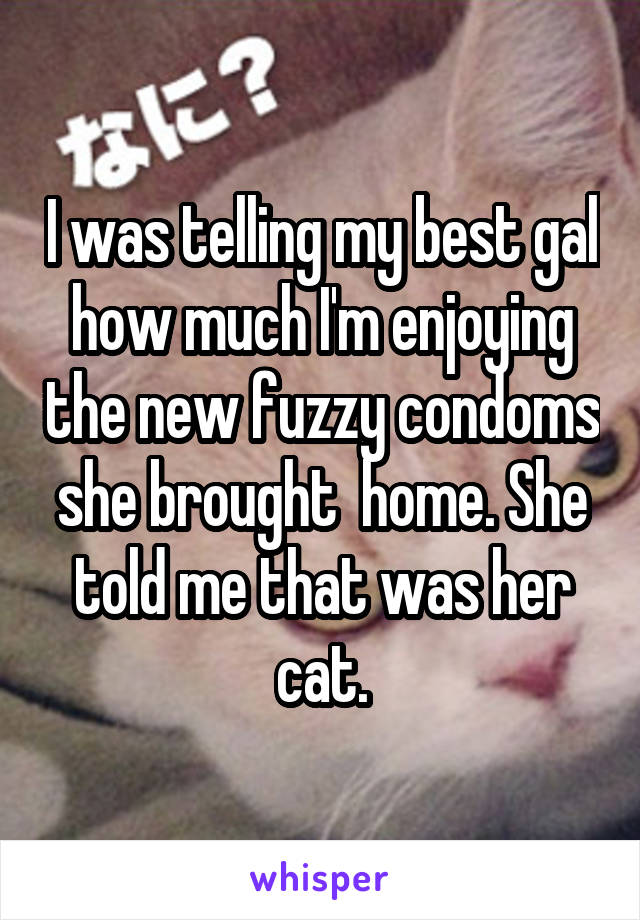 I was telling my best gal how much I'm enjoying the new fuzzy condoms she brought  home. She told me that was her cat.
